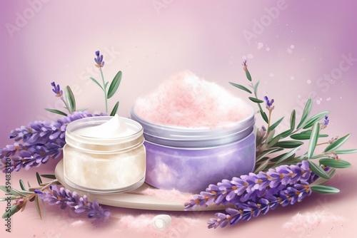 Title: illustration of spa skin care product , Lavender scent salt. Generative AI © Joseph