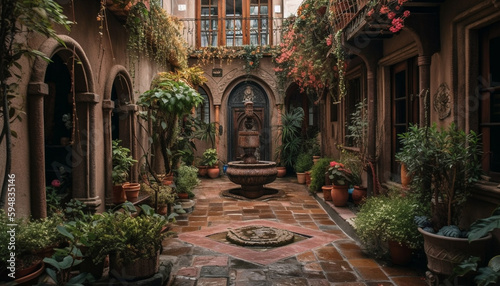 Tranquil courtyard, adorned with nature decoration generated by AI