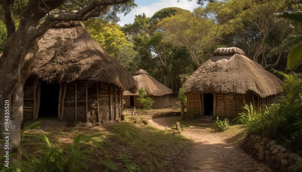 Old thatched roof cottage in African landscape generated by AI