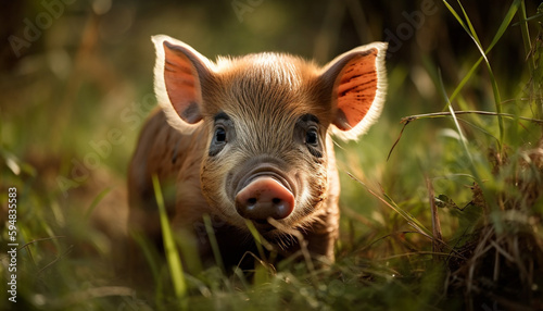 Adorable piglet grazes in vibrant green pasture generated by AI