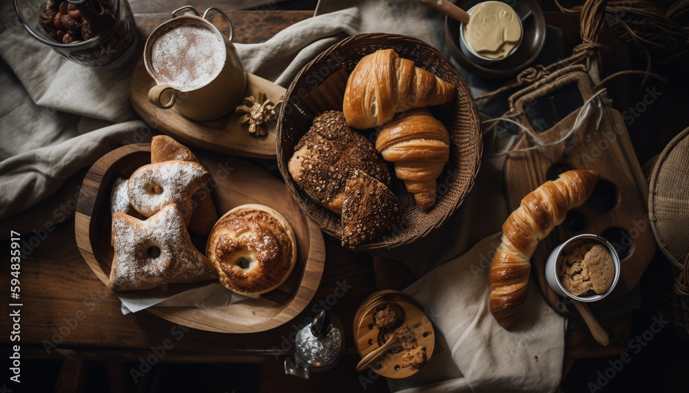 Gourmet croissant and coffee on rustic table generated by AI