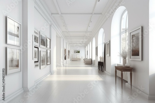 Bright gallery interior. 3d rendering. Generative AI