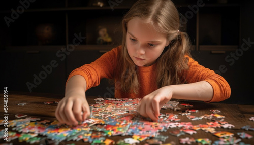 Smiling girl holding puzzle piece concentration solution generated by AI