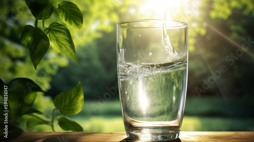 Water pouring into glass over sunlight and nature. Generative AI