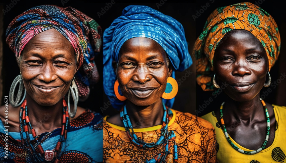 Smiling Africans in traditional clothing celebrate culture generated by ...