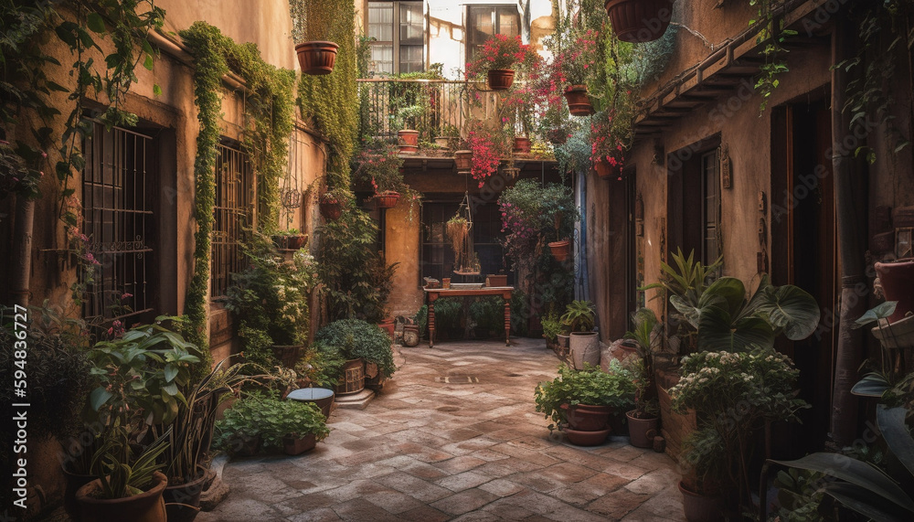 Outdoor courtyard illuminated by lanterns at dusk generated by AI