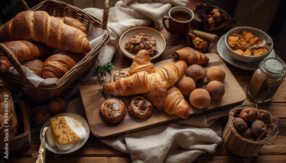 Indulgent fresh French pastries displayed on table generated by AI