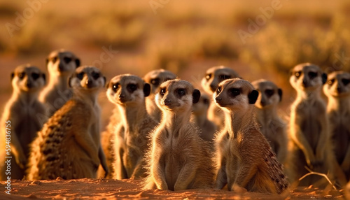 Small  cute meerkats in a row waiting patiently generated by AI