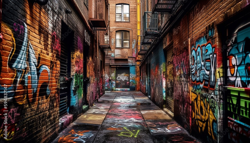 Fototapeta premium Old building facade covered in graffiti art generated by AI