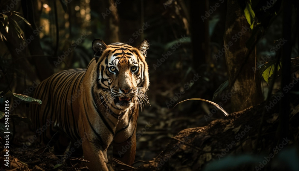 Fototapeta premium Majestic Bengal Tiger walking in tropical wilderness generated by AI