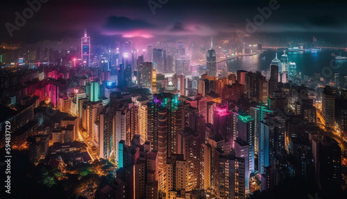Glowing skyscrapers illuminate the crowded city nightlife generated by AI