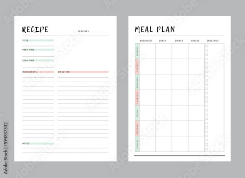Recipe Card and Meal planner. Plan you food day easily. Vector illustration