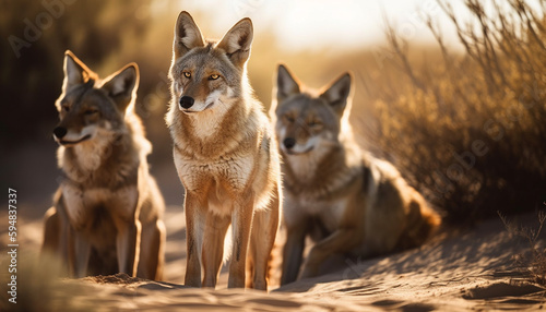 Cute wolf and red fox sit outdoors generated by AI