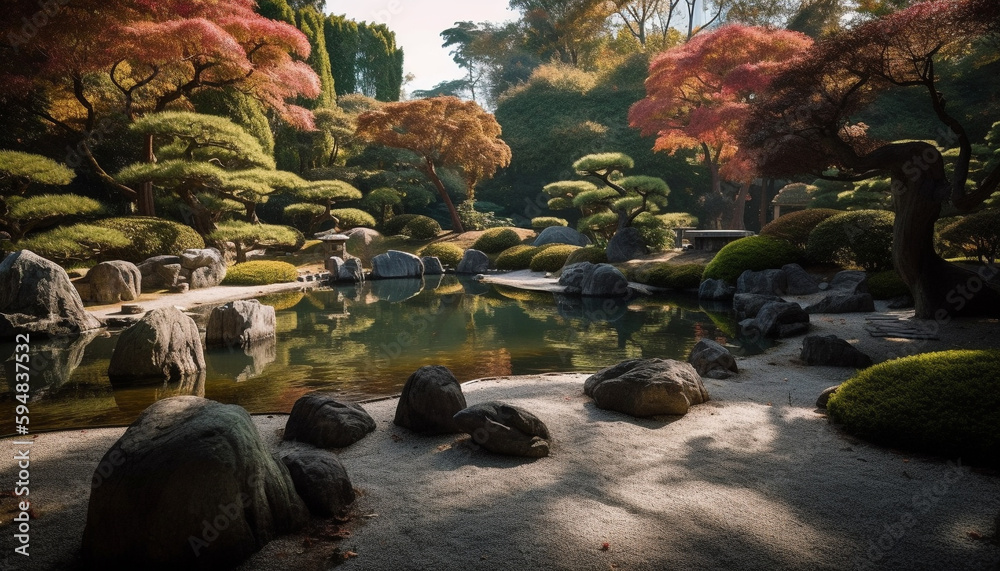 Fototapeta premium Tranquil scene of autumn pond in forest generated by AI