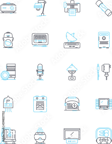 Digital hardware linear icons set. Processor, Motherboard, Graphics, Sound, Memory, Hard drive, Monitor line vector and concept signs. Keyboard,Mouse,Joystick outline illustrations