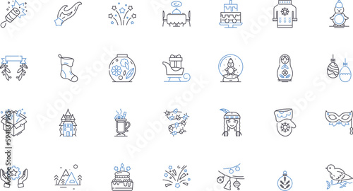 Radiant New Year line icons collection. Celebration, Sparkle, Renewal, Glorious, Joyful, Vibrant, Prosperity vector and linear illustration. Resilient,Hope,Grateful outline signs set