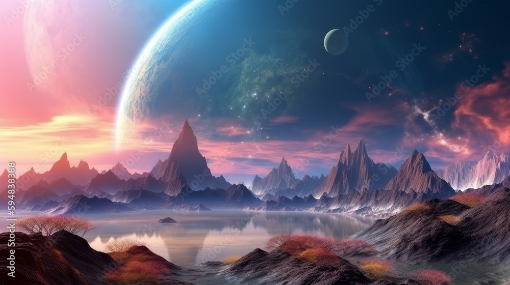 Beautiful view from an extraterrestrial fantastical planet with swirling clouds and colorful landscapes. Generative AI