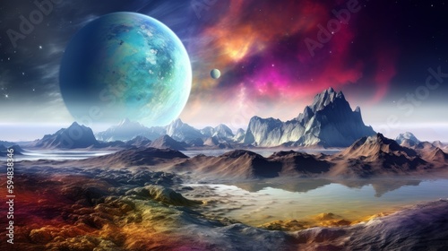 Beautiful view from an extraterrestrial fantastical planet with swirling clouds and colorful landscapes. Generative AI