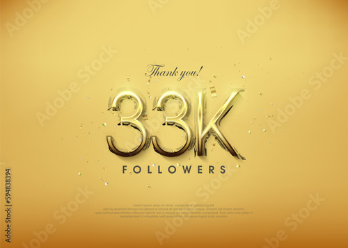 33k followers celebration with elegant textured gold numerals. premium vector.