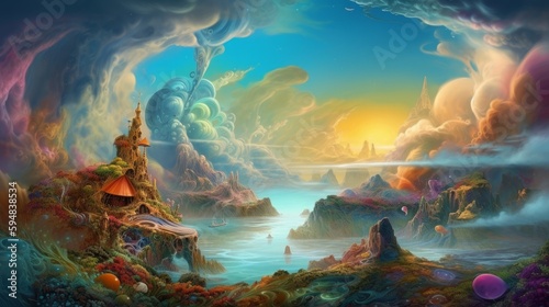 Beautiful view from an extraterrestrial fantastical planet with swirling clouds and colorful landscapes. Generative AI