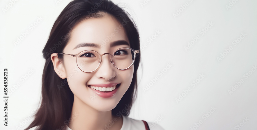 a beautiful girl wearing glasses against a white background. Her pretty face, charming smile, and captivating gaze make this high-quality image perfect for a variety of uses. generative AI a beautiful girl wearing glasses against a white background. Her pretty face, charming smile, and captivating gaze make this high-quality image perfect for a variety of uses. generative AI