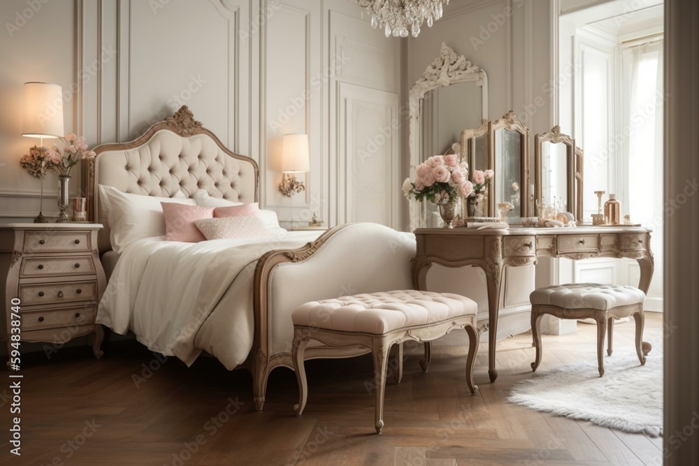 A romantic French Country Bedroom with a tufted linen headboard, soft ...