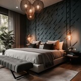 A breathtakingly beautiful bedroom with a unique architectural detail, boasting a stunning accent wall, gorgeous pendant lighting, and a luxurious upholstered bed, generative ai