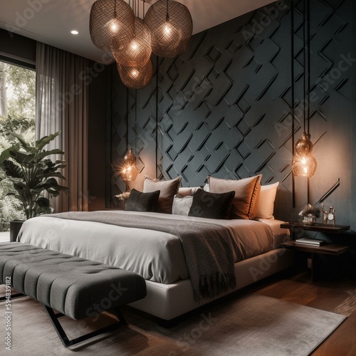 A breathtakingly beautiful bedroom with a unique architectural detail, boasting a stunning accent wall, gorgeous pendant lighting, and a luxurious upholstered bed, generative ai