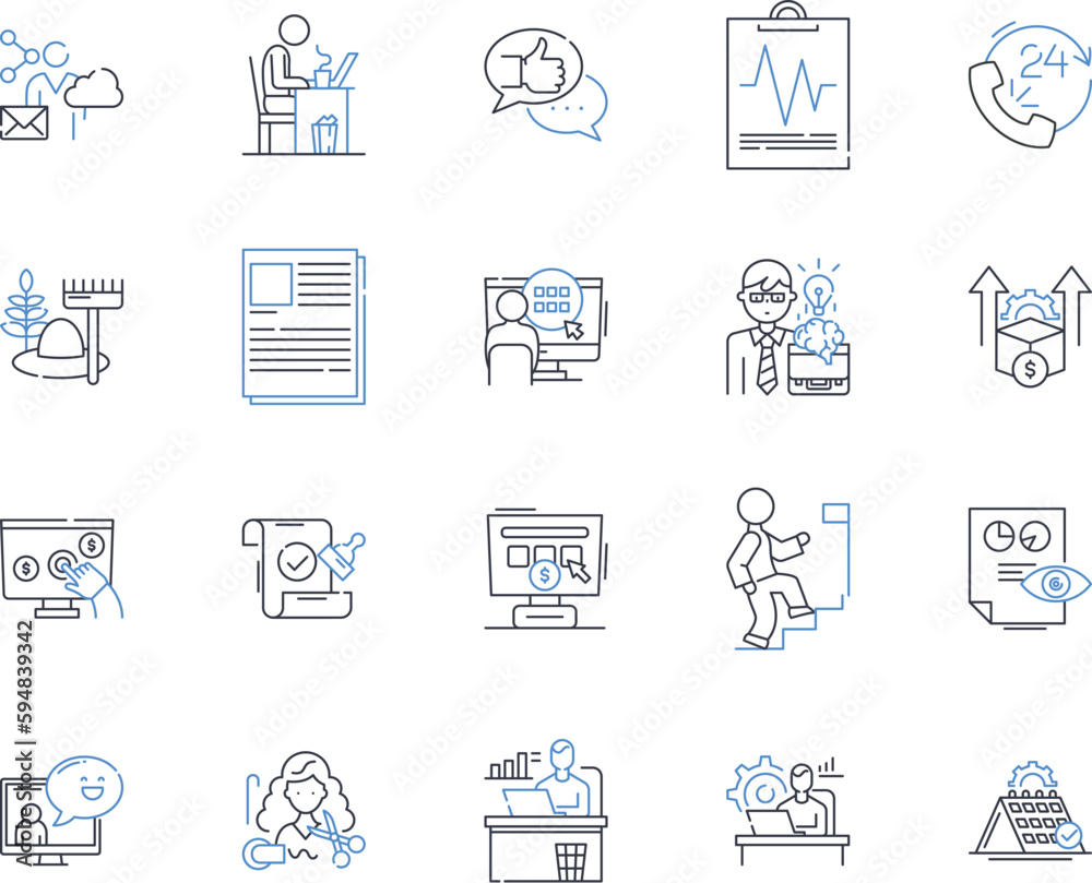 Work evolution line icons collection. Technology, Automation, Globalization, Collaboration, Virtualization, Flexibility, Creativity vector and linear illustration. Diversity,Innovation,Gig-economy
