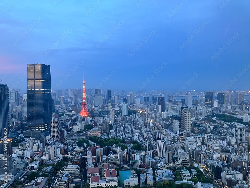 Tokyo aerial sky view from Roppongi, you can find Shinjuku and Shibuya area, and Tokyo tower. Business central town in Tokyo, Japan.
