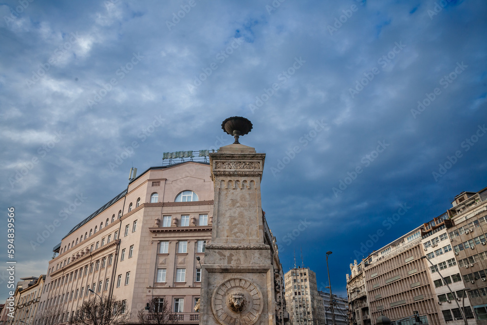 Panorama of the Terazije square in belgrade, Serbia, with various old buildings and the Terazijska Cesma, the terazije fountain from 1860 in the center of Belgrade, Belgrade is capital city of Serbia. Panorama of the Terazije square in belgrade, Serbia, with various old buildings and the Terazijska Cesma, the terazije fountain from 1860 in the center of Belgrade, Belgrade is capital city of Serbia.