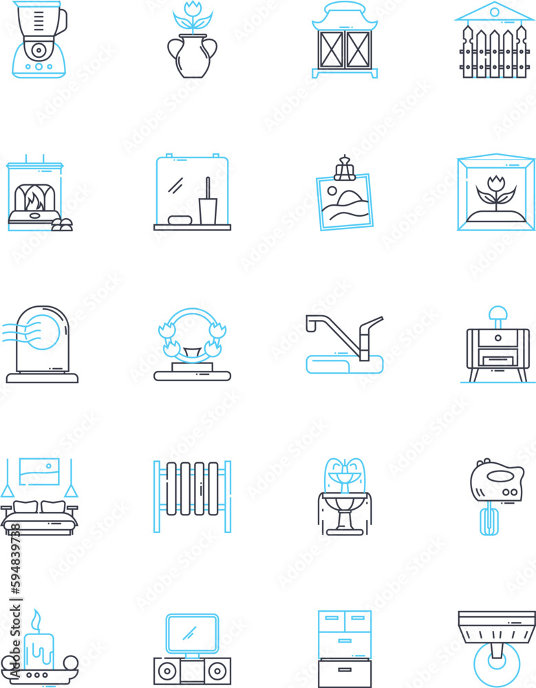 Home retailer linear icons set. Furniture, Decor, Appliances, Lighting, Linens, Kitchenware, Garden line vector and concept signs. Bedding,Curtains,Cushions outline illustrations Home retailer linear icons set. Furniture, Decor, Appliances, Lighting, Linens, Kitchenware, Garden line vector and concept signs. Bedding,Curtains,Cushions outline illustrations