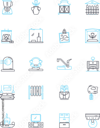 Home retailer linear icons set. Furniture, Decor, Appliances, Lighting, Linens, Kitchenware, Garden line vector and concept signs. Bedding,Curtains,Cushions outline illustrations
