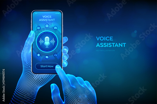 Voice assistant. Personal assistant and voice recognition technology concept. Microphone button with voice and sound imitation lines. Closeup smartphone in wireframe hands. Vector illustration.