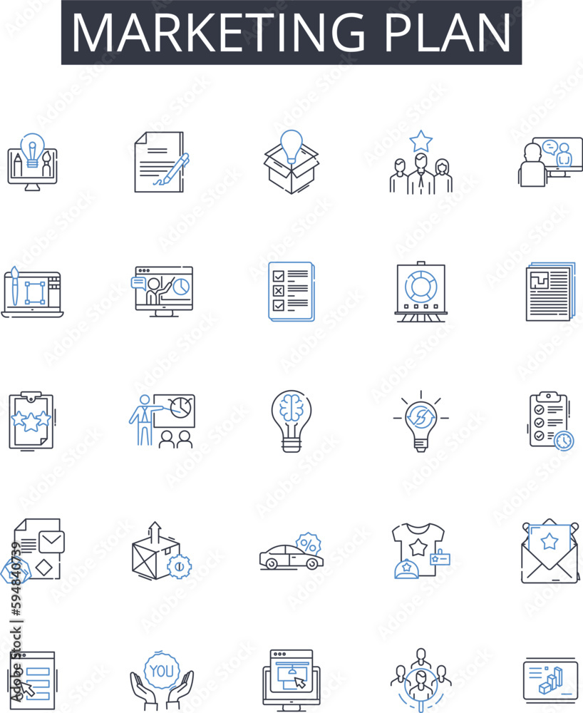 Marketing plan line icons collection. Sales pitch, Advertising scheme, Promotional technique, Brand strategy, Publicity campaign, Product positioning, Market research vector and linear illustration Marketing plan line icons collection. Sales pitch, Advertising scheme, Promotional technique, Brand strategy, Publicity campaign, Product positioning, Market research vector and linear illustration