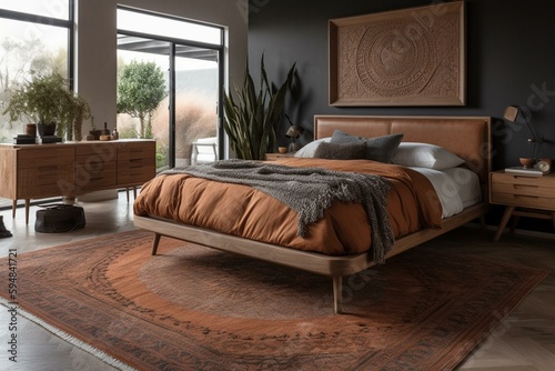 An Elegant Artisanal Bedroom, Featuring a Sleek Leather Bedframe, Hand-carved Wood Dresser, and Lush Wool Rug, generative ai