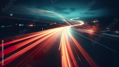 Abstract blurred road highway background. 3D illustration of high speed generic car driving in the track near forest. 3D realistic illustration. Creative AI
