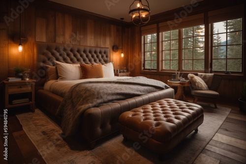 A cozy Rustic Lodge bedroom featuring a plaid upholstered headboard, leather ottoman and warm wood tones throughout, generative ai