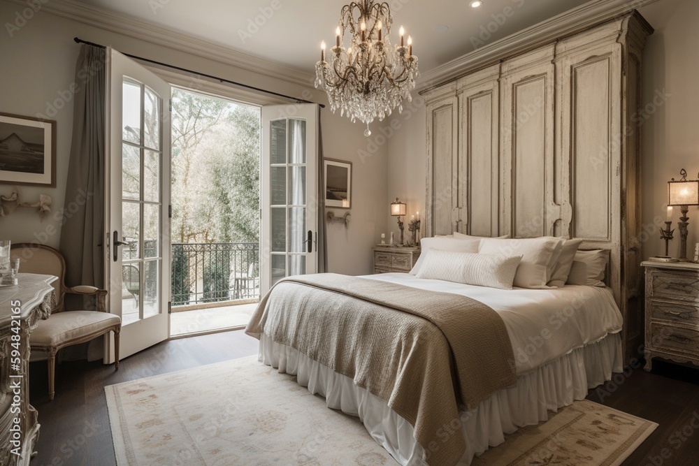 A luxurious French Country Bedroom with a plush linen bed, elegant chandelier, and antique French doors leading to a balcony, generative ai
