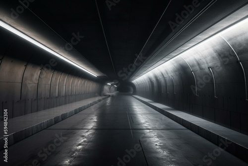 Dark Concrete Led White Lights Underground Tunnel Corridor Cement Asphalt Hallway Warehouse Tunnel Corridor Metal Structure Realistic Empty 3D Rendering. Generative AI