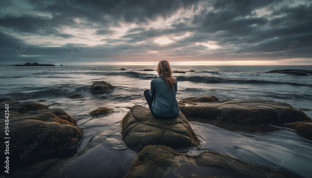 Young woman meditates by serene coastline at dusk generated by AI