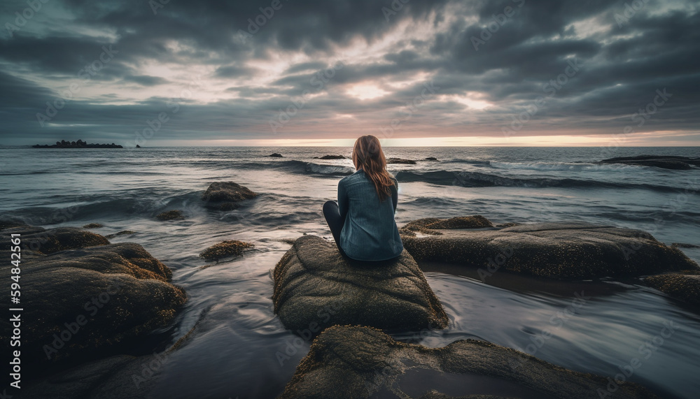 Young woman meditates by serene coastline at dusk generated by AI Young woman meditates by serene coastline at dusk generated by AI