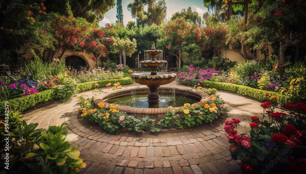 Fresh flowers bloom in historic courtyard gardens generated by AI - obrazy, fototapety, plakaty 