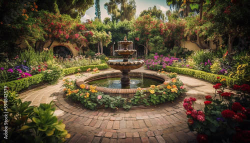 Fotografie, Obraz Fresh flowers bloom in historic courtyard gardens generated by AI