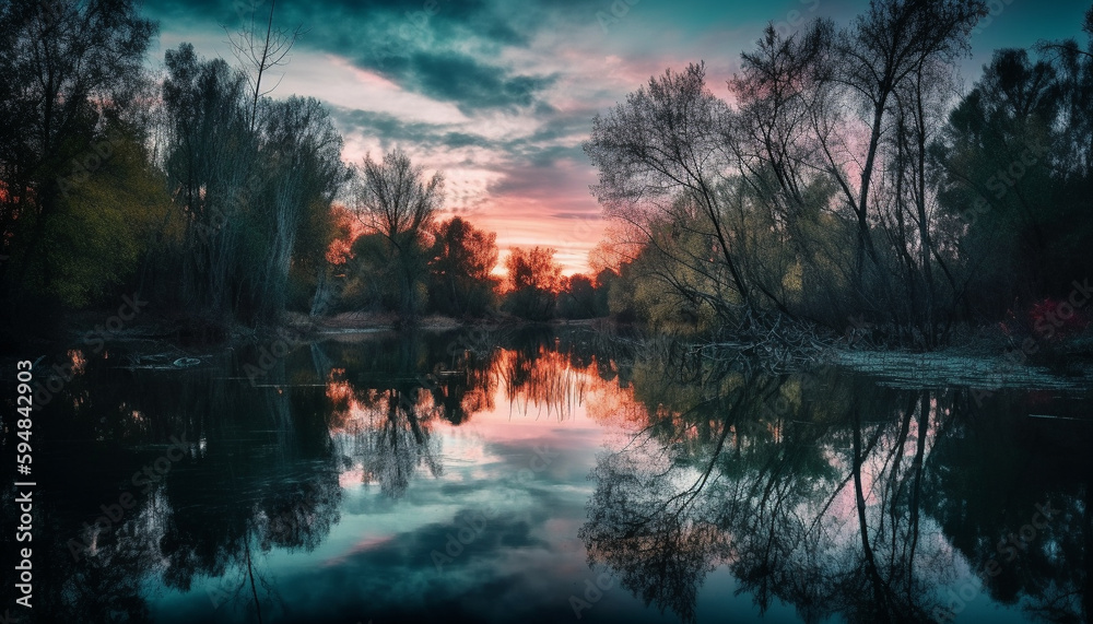 Tranquil forest pond at dusk reflects multi colored sky generated by AI