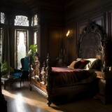 A regal Victorian Bedroom featuring dramatic, carved wood accents and velvety, jewel-toned textiles, complemented by ample natural light, generative ai