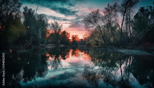 Tranquil forest pond at dusk reflects multi colored sky generated by AI © Jeronimo Ramos