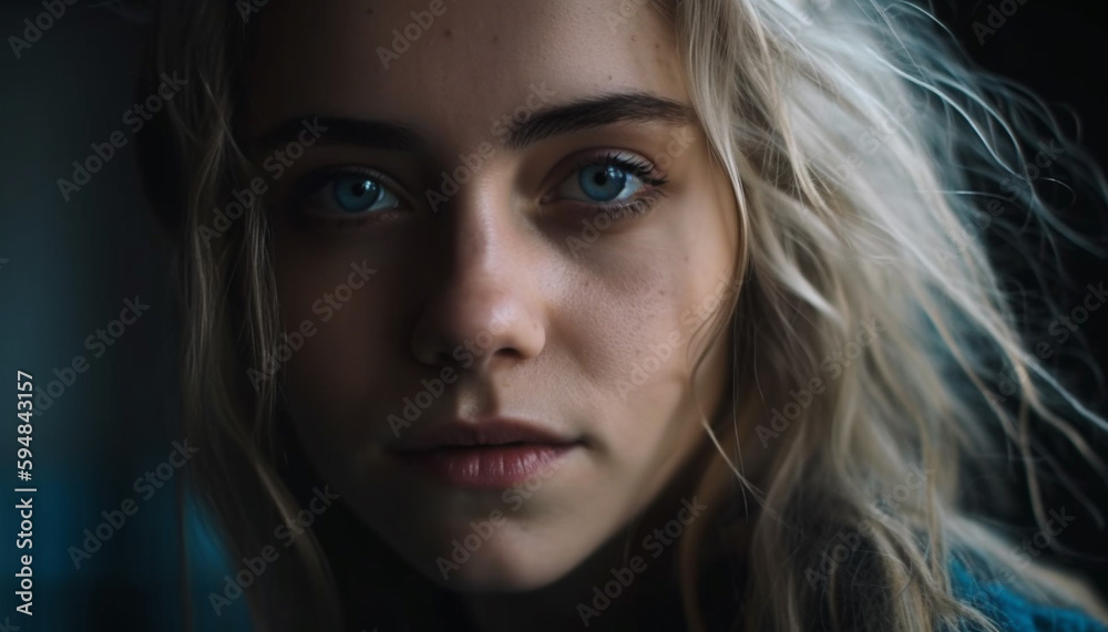 Beautiful young woman with blond hair smiling generated by AI Beautiful young woman with blond hair smiling generated by AI