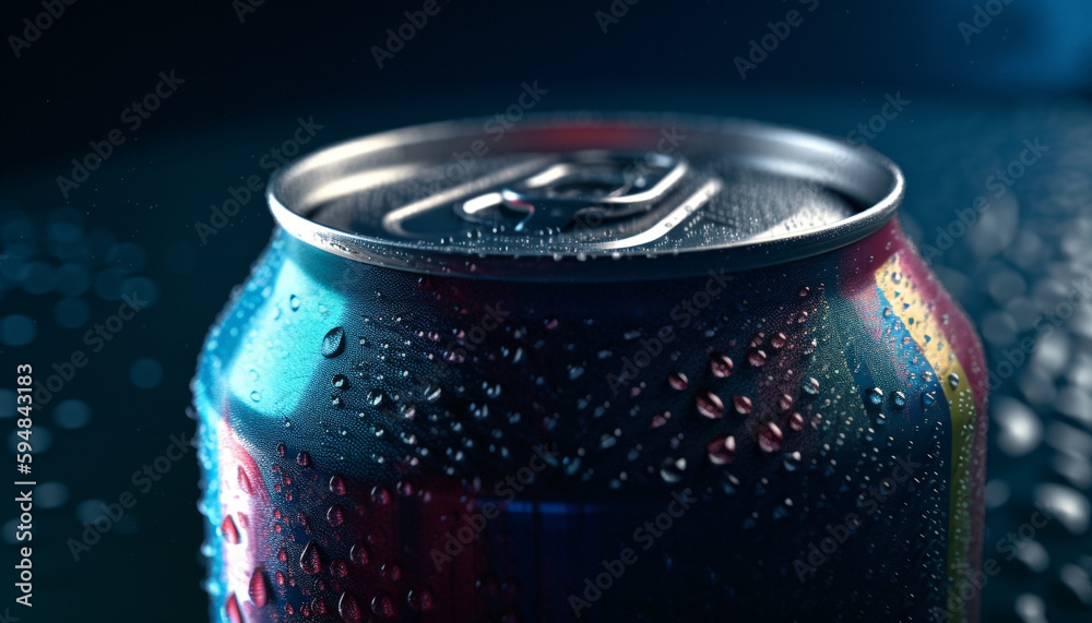 Cold drink in shiny metal container Refreshing generated by AI Cold drink in shiny metal container Refreshing generated by AI