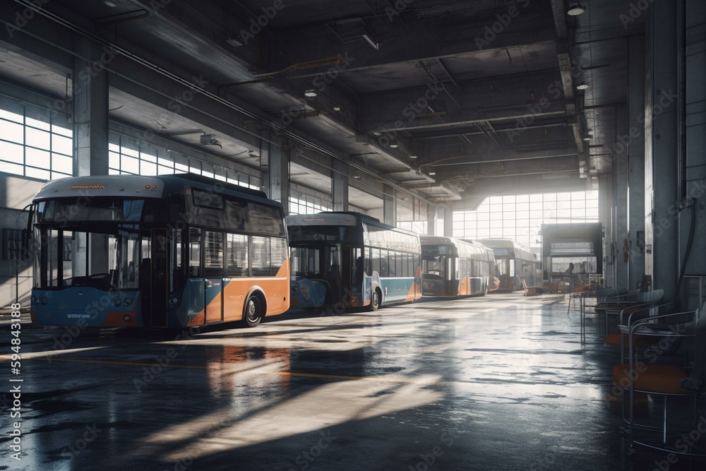 interior of urban bus garage with large windows, created with generative ai Stock Illustration